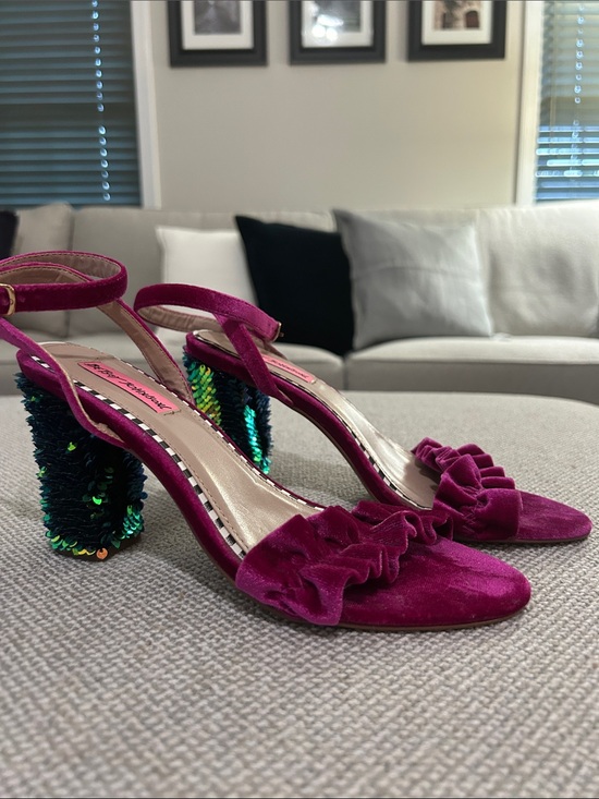 Betsey Johnson Shoes - Betsey Johnson Magenta Velvet Ruffle Sandals with Multicolor Sequin Block Heel